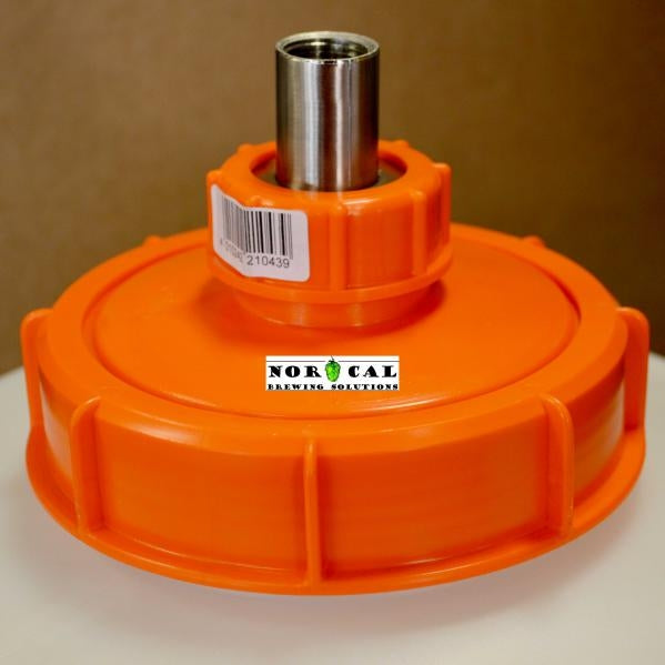 Norcal Speidel Clean In Place (CIP) Spray Head har et oransje plastlokk, et sentralt rør i rustfritt stål 304, en strekkode og logoen til Norcal Brewing Solutions på forsiden.