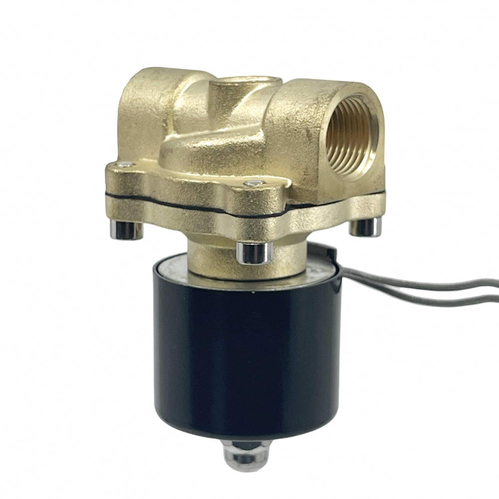 Brewshop Solenoid Ventil 1/2" - 12 V, normalt lukket, har et messinghus med svart sylindrisk base og to ledninger - perfekt for SNS Pneumatic og andre pneumatiske komponenter.