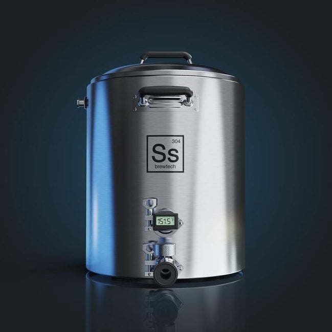 Ss Brewtech InfuSsion TC Mash Tun 75L har en digital temperaturvisning og ventil - ideell for dedikerte hjemmebryggere. Vist mot en mørk bakgrunn.