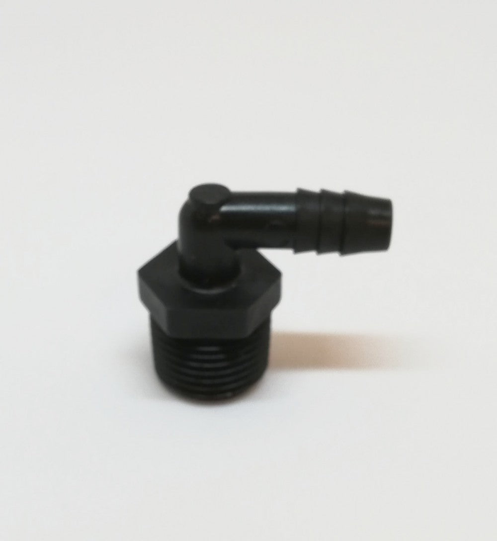 Slangenippel til Mark II Keg Washer - stor" fra Keg Washer er en svart albuekobling i plast med gjenget bunn og pigg i enden, vist på en vanlig hvit bakgrunn.