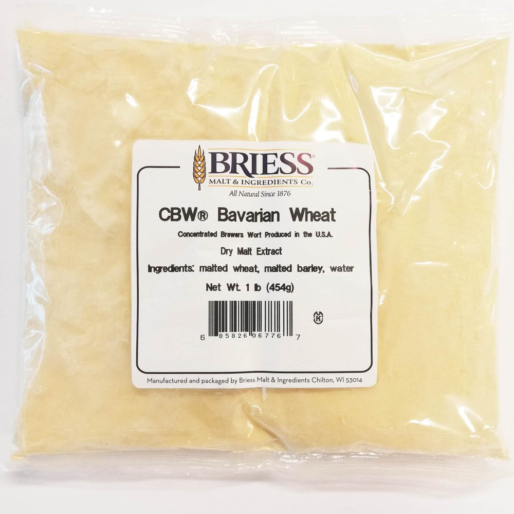 En forseglet pose med Briess Spraymalt - Bavarian Wheat 0,45 kg (6,5 EBC), perfekt til brygging. Ingredienser: maltet hvete, maltet bygg og vann.