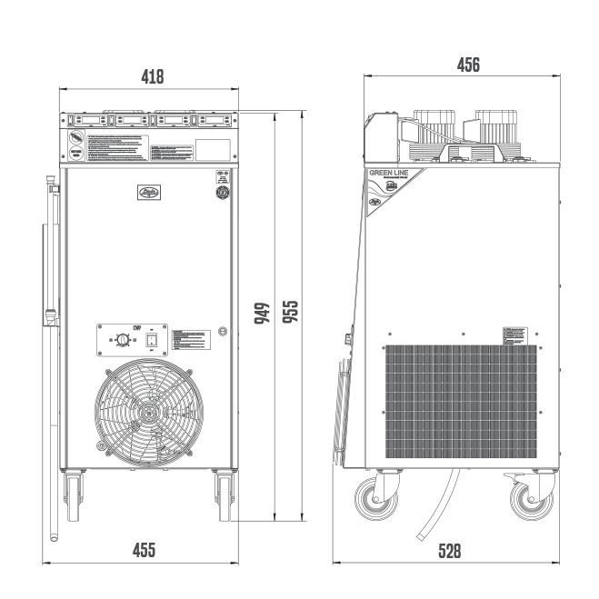 Teknisk tegning av Lindr CWP 300 4X Pump 4X Thermostat NEW Green Line kjølesystem fra Lindr med front- og sidevisning, merkede dimensjoner i millimeter og nøkkelkomponenter som vifte og kontrollpanel.