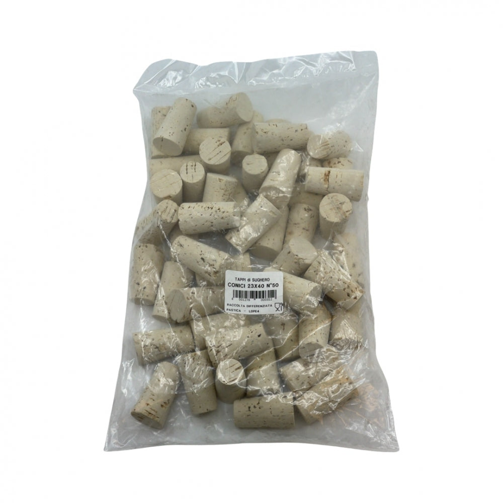 En klar plastpose med Enolandia Konisk vinkork 23 x 40 mm flaskekorker (50 stk.), ubrukt, med hvit etikett og strekkode på forsiden.