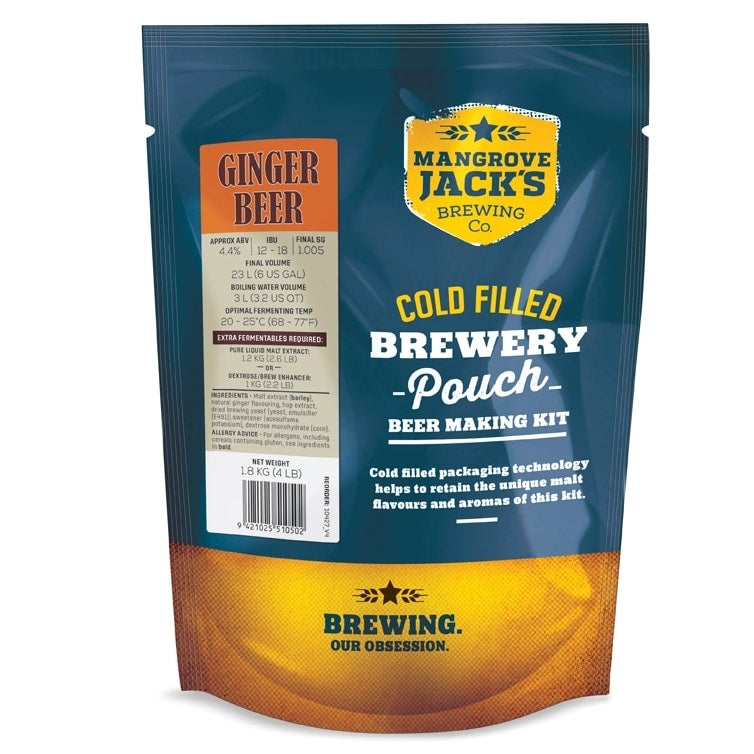 Mangrove Jacks Traditional Series Ginger Beer ekstraktsett - 1,8 kg har en kaldfylt bryggeripose og detaljert produktinformasjon med merkevarebygging på emballasjen.