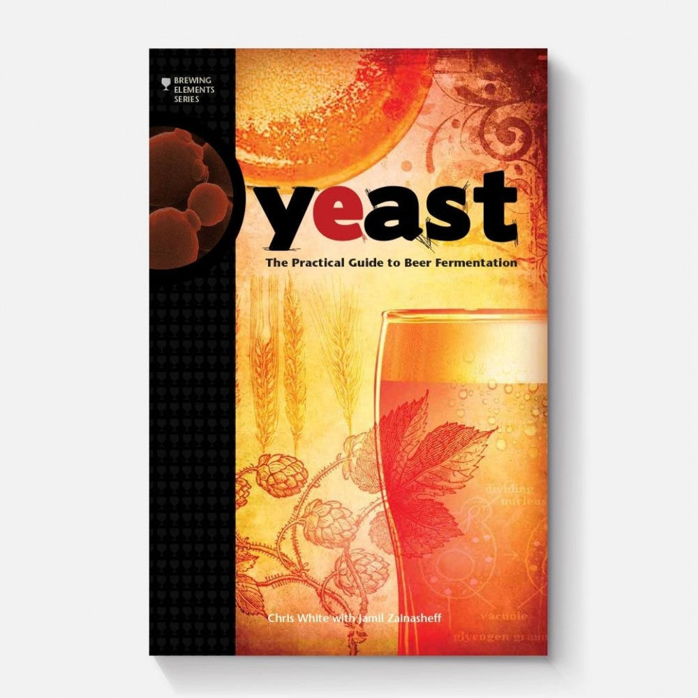 The Brewshop Yeast - The Practical Guide to Beer Fermentation har et livlig omslag med gjærceller, øl, hvete og humle - ideelt for hjemmebryggere som er interessert i ulike ølstiler og gjærstammer.