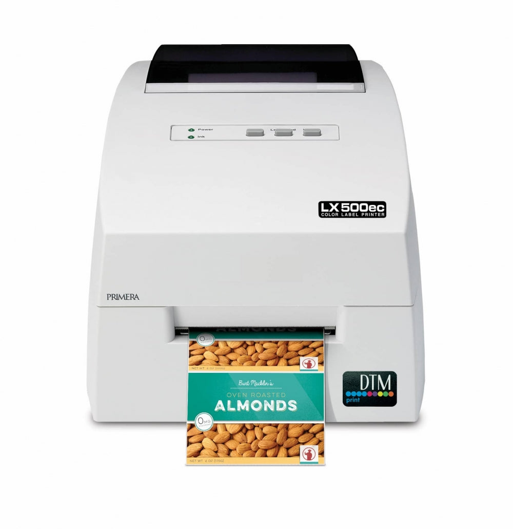 Primera LX500ec Etikettprinter med kutter fra Primera gir fargerike etiketter for ovnsristede mandler, med høy kvalitet som fremhever produktets emballasje.