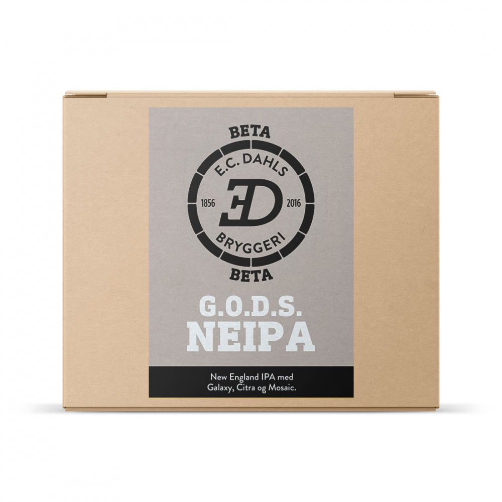 En pappeske merket Brewshop E.C. Dahls G.O.D.S. NEIPA - allgrain ølsett, en New England IPA med Galaxy-, Citra- og Mosaic-humle - ideell for hjemmebrygging.