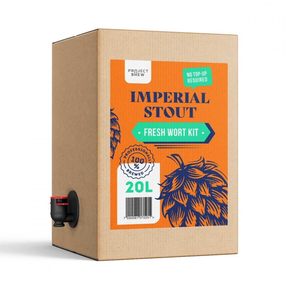 Austmann Imperial Stout - 20L Fresh Wort Kit kommer i brun emballasje med oransje og grønne etiketter, har illustrert humle, en kran og er ideell for hjemmebrygging.
