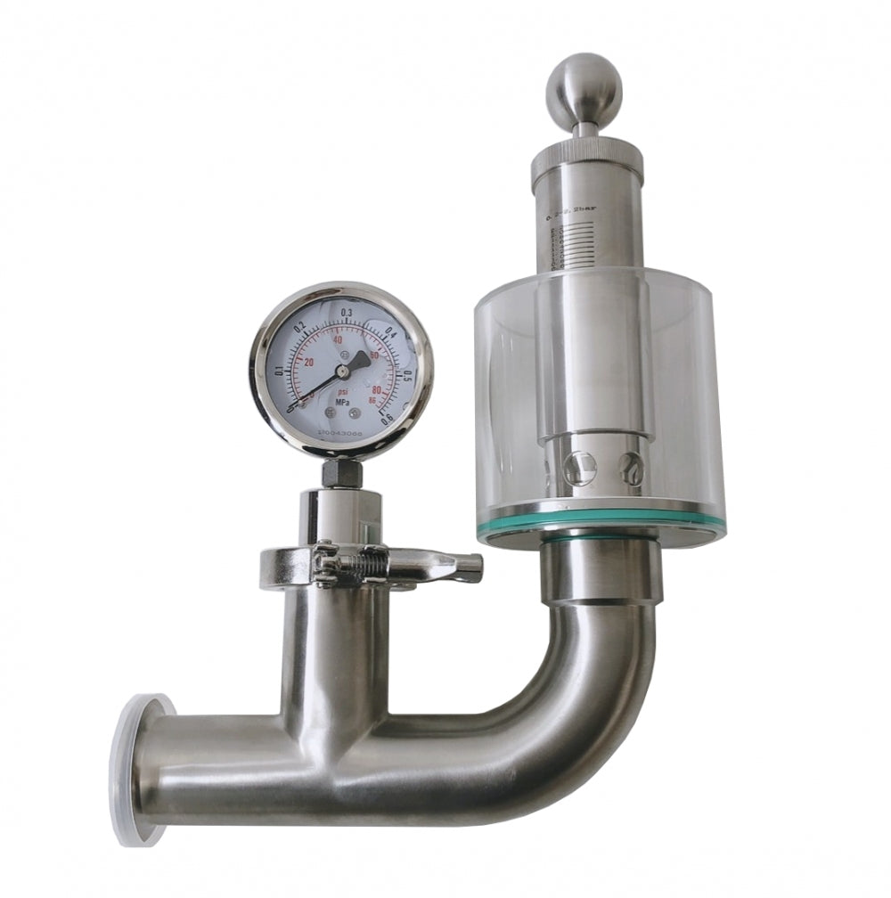Brewshop 1,5" Tri-Clamp Spunding Valve med manometer 2,2 bar har ventil i rustfritt stål 304 og trykkmåler med gjennomsiktig sylinderdeksel, koblet til en bøyd rørseksjon for justerbart trykk.