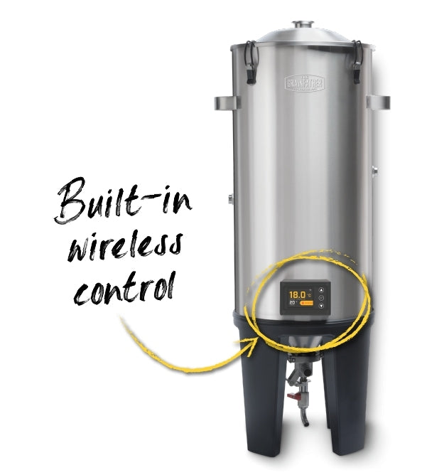 Grainfather GF30 Conical Fermenter Pro er en konisk gjæringstank i rustfritt stål fra Grainfather med digitalt display, temperaturkontroll og teksten "Built-in wireless control".