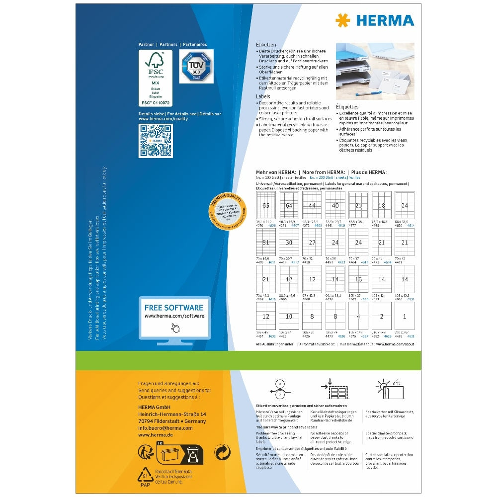 Baksiden av Herma Premium etiketter 105 x 74 mm-emballasjen viser A4 etiketter-maler, produktinformasjon, sertifiseringslogoer, en QR-kode og en lenke til gratis nedlasting av programvare.