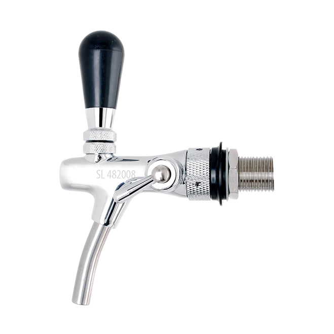 Lindr Tappekran med flowcontrol, 5/8" BSP europeiske gjenger, 35 mm skaft, forkrommet (SL 482008) fra Lindr har et svart håndtak og er vist på en vanlig hvit bakgrunn.