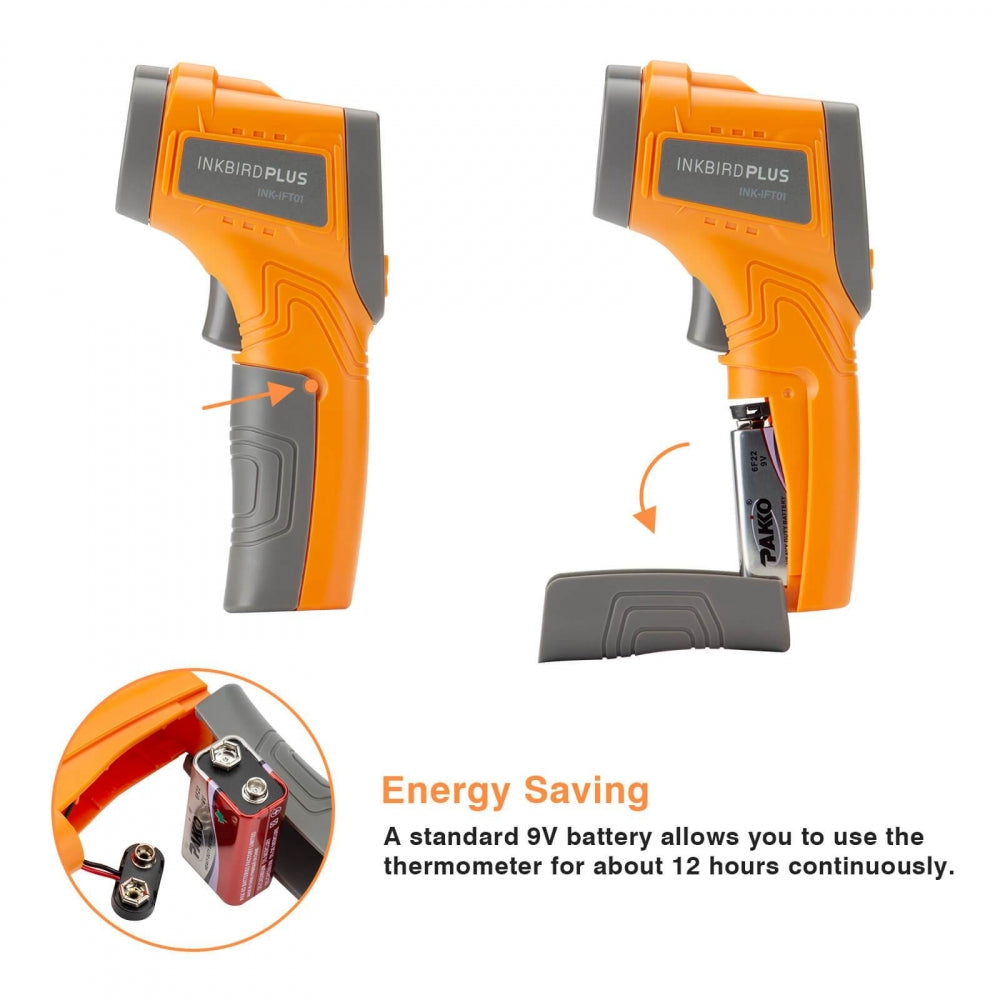To bilder av det oransje Inkbird INK-IFT01 Infrarødt Termometer med Laser (Opptil 550°C) viser installasjon av 9V batteri og 12 timers kontinuerlig bruk - energibesparende og ideelt for måling av overtemperatur på apparater som pizzaovntermometer.
