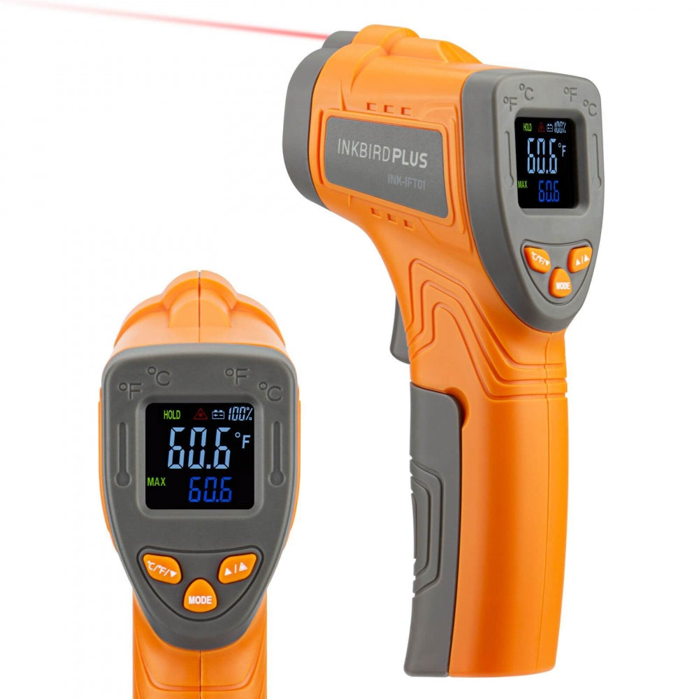 Inkbird INK-IFT01 Infrarødt Termometer med Laser (Opptil 550°C) fra Inkbird har digitalt display, modusbryter og synlig rød laser-perfekt for overflatetemperaturmåling eller som pizzaovn termometer.