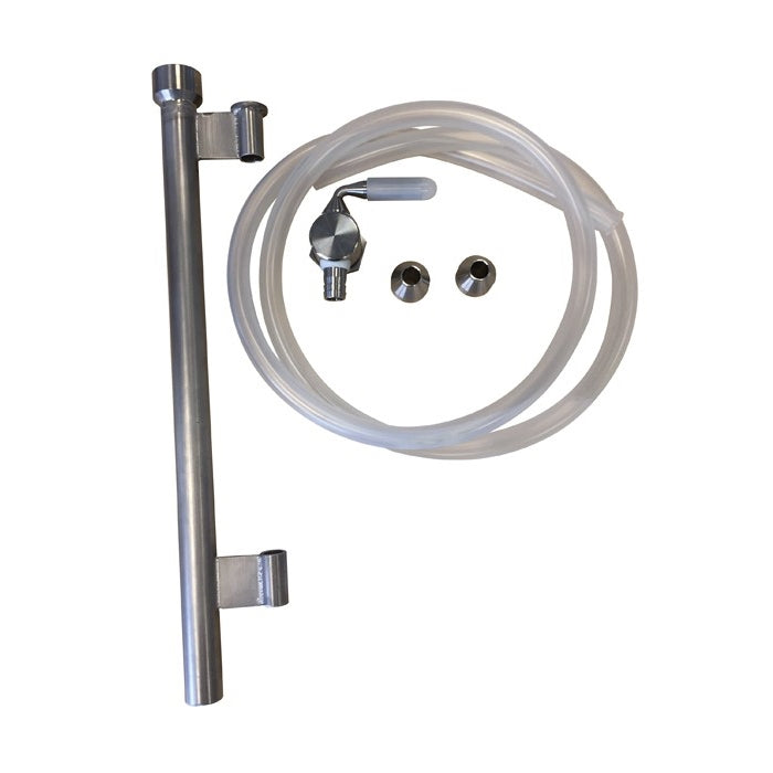 Speidel Wort pumpeenhet for 50L #Braumeister, med rustfrie beslag, plastslanger, en ventil og et rustfritt rør, er plassert på en hvit bakgrunn.
