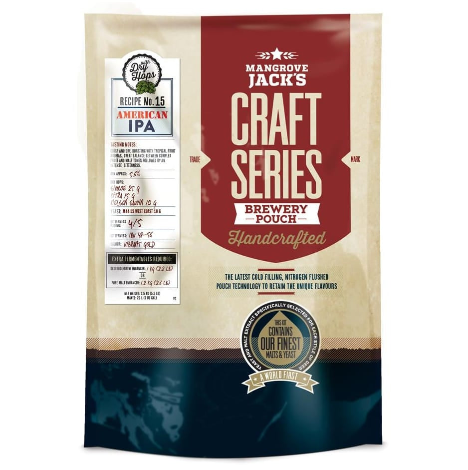 En forseglet Mangrove Jack's Craft Series American IPA med tørrhumle ekstraktsett (2,5 kg) inneholder førsteklasses maltekstrakt, merket med bryggedetaljer og en håndlaget påstand, slik at du kan lage din egen amerikanske IPA.