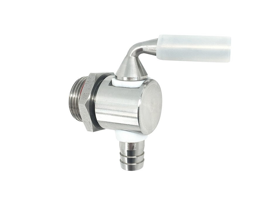 Speidel Braumeister 3/4" Tappekran er en kuleventil i rustfritt stål (AISI 304) med et hvitt plasthåndtak og gjenget tilkobling, perfekt for bruk med Speidel Braumeister-systemer. Avbildet på hvit bakgrunn.