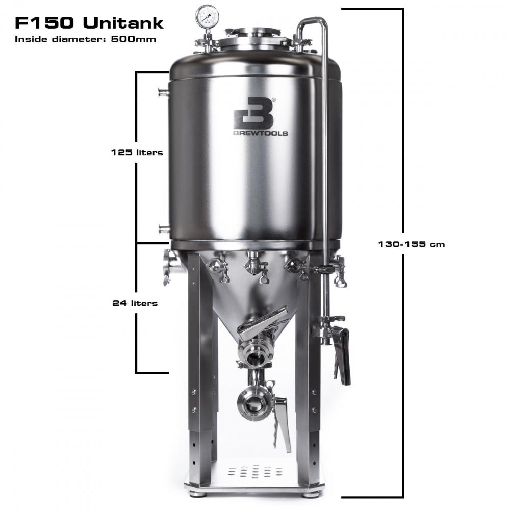 Brewtools F150 Unitank fra Brewtools har en logo, merkede volumer på 24 l, 125 l og 150 l, en høyde på 130-155 cm og en innvendig diameter på 500 mm.