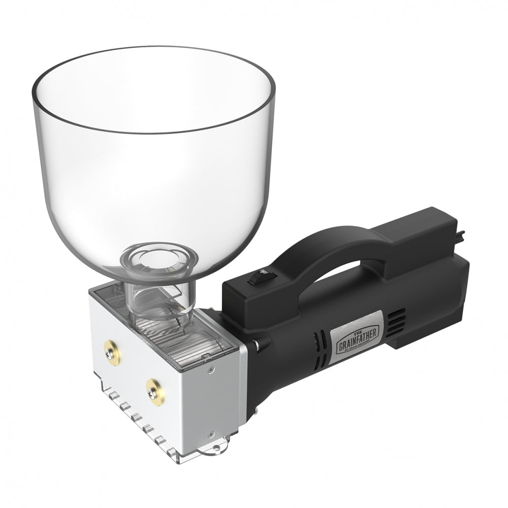 Grainfather Electric Grain Mill - Maltmølle - Komplett Med Base fra Grainfather har en gjennomsiktig beholder, svart håndtak, kvernenhet i metall og justerbare valser for presis kverning - ideell for hjemmebryggentusiaster.