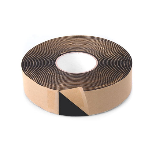 Lindr Varmeisolerende tape 3x50mm x 10m i svart med brun papirbaksiden, delvis skrellet for å avsløre den selvklebende siden.