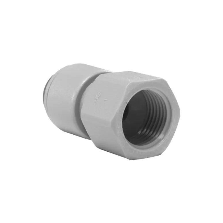 Et nærbilde av en John Guest hunnadapter 3/8" x 1/4" NPTF, med gjengede ender, er vist mot en hvit bakgrunn.