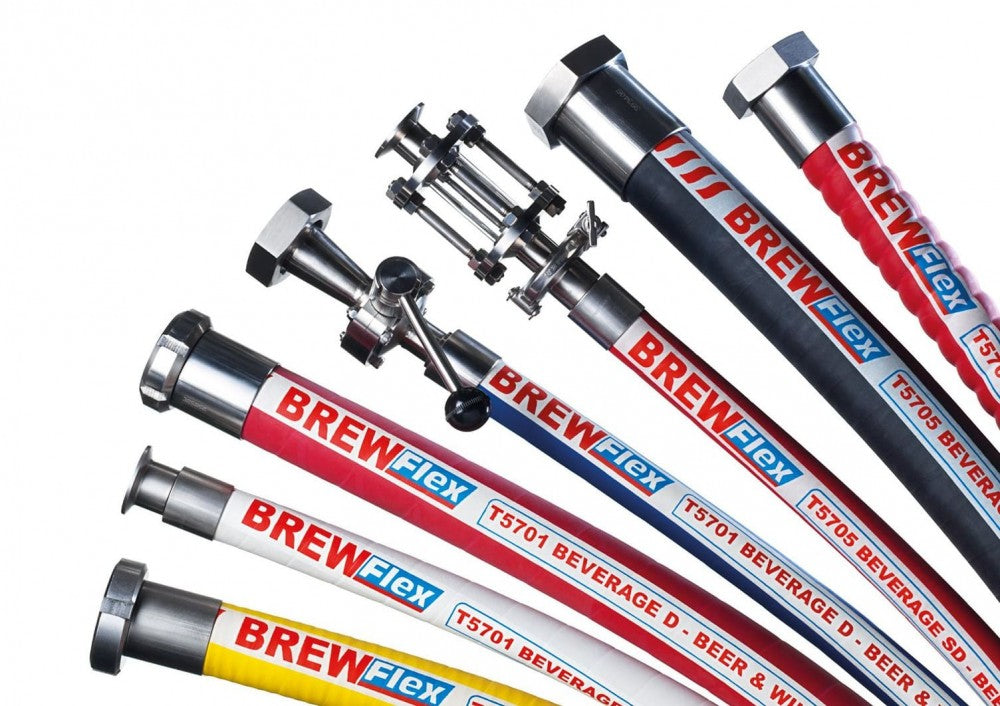 En 10 meter lang Brewflex-ølslange for bryggeri, nominell til 16 bar, utstyrt med 1,5" Tri-Clamp-tilkoblinger.