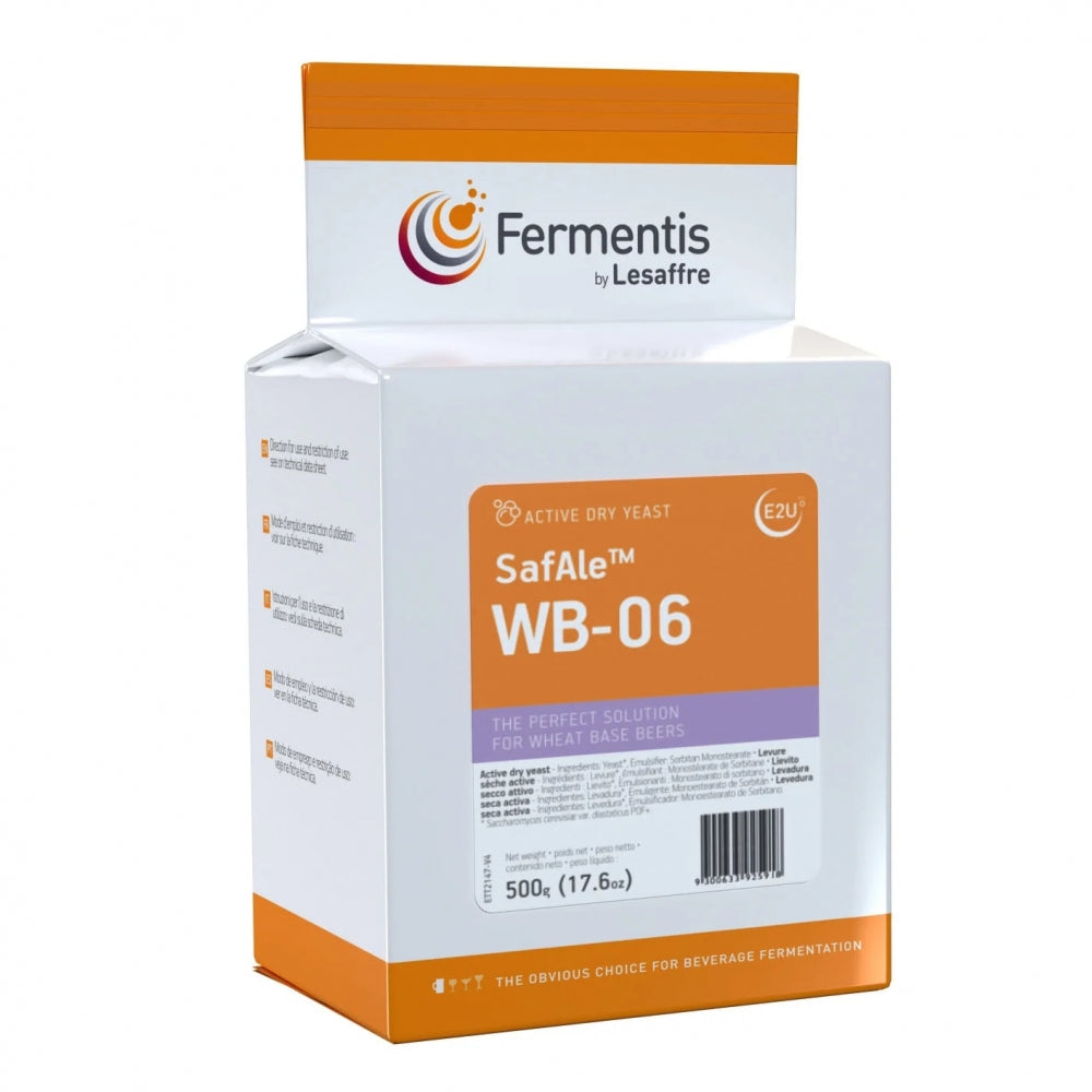 En 500 g pakke med Safale WB-06 - 500 g Outlet (Best før men like god etter 30.11.2025) gjær, ideell for gjæring av hveteøl, med tydelige produktdetaljer og merkevarebygging på emballasjen.