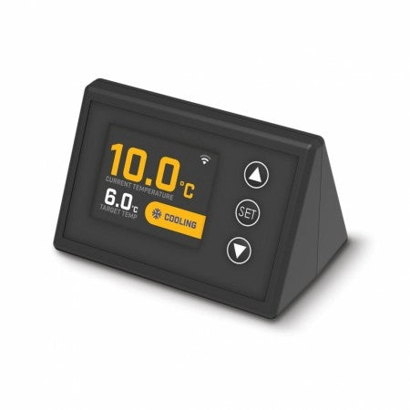 En digital termostat på Grainfather GCA uten kjølespiral viser en aktuell temperatur på 10,0 °C, måltemperatur på 6,0 °C og er i kjølemodus for optimal temperaturkontroll.