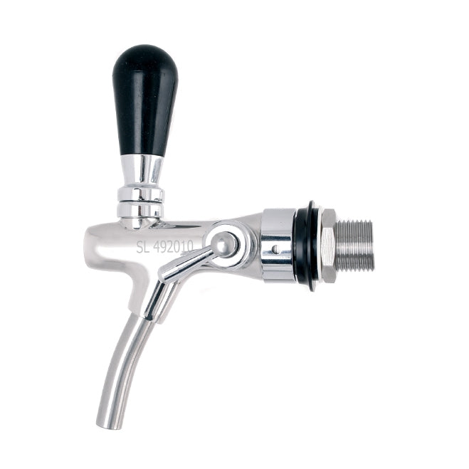 Lindr Tappekran med flowcontrol (SL 492010), i høyglanspolert rustfritt stål med svart håndtak og 5/8" BSP gjenger, er vist mot en hvit bakgrunn, perfekt for presistapping av kullsyrevann eller øl.