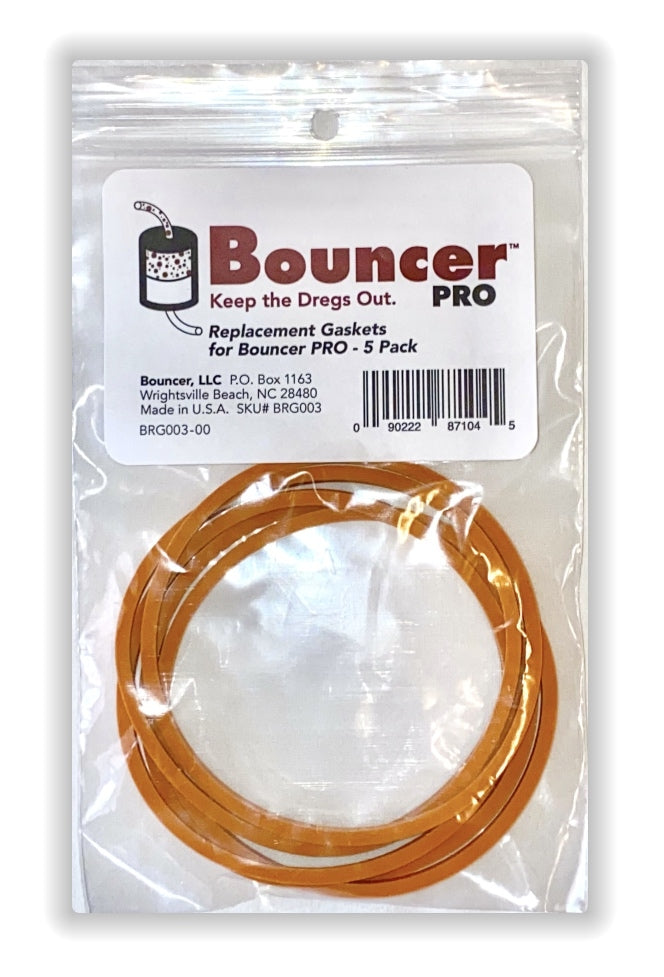 En klar plastpakke inneholder fem oransje pakninger til Bouncer PRO Inline Beer Filter, merket "Pakning til Bouncer PRO Inline Beer Filter - 5stk" fra Bouncer.