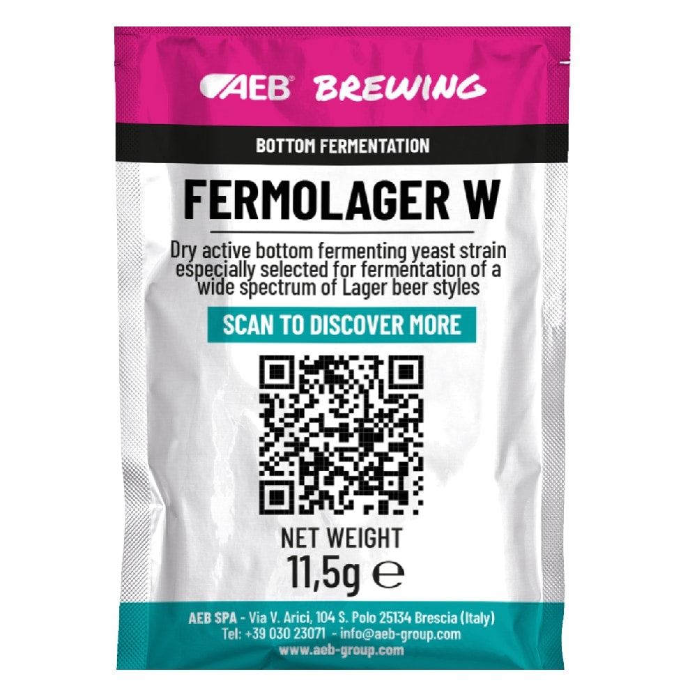 En pakke merket Fermolager W 11,5g - AEB Brewing lagergjær for undergjærede ølstiler, med en QR-kode for mer info og vekt- og produsentopplysninger nederst.