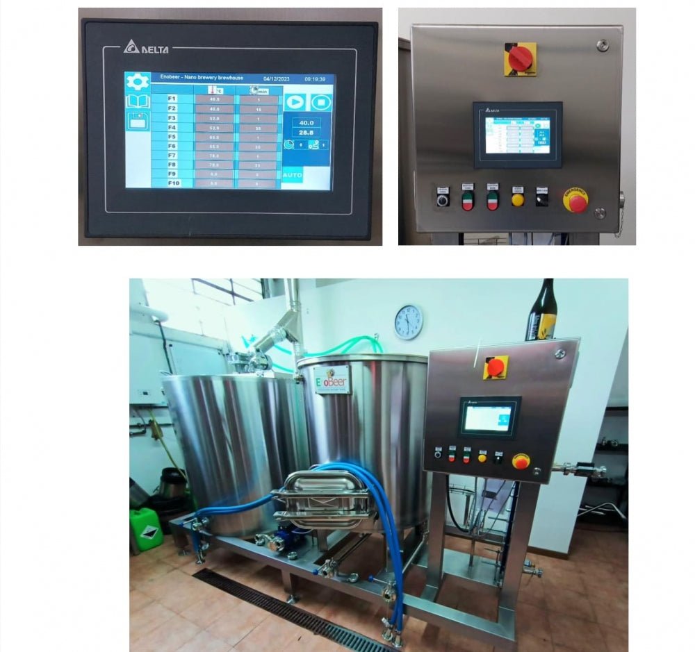 EnoBeer Professional TCI 5HL Electric fra EnoBeer er et bryggesystem på 500 liter i rustfritt stål med kontrollpaneler og displayskjermer, vist i et rent innemiljø.