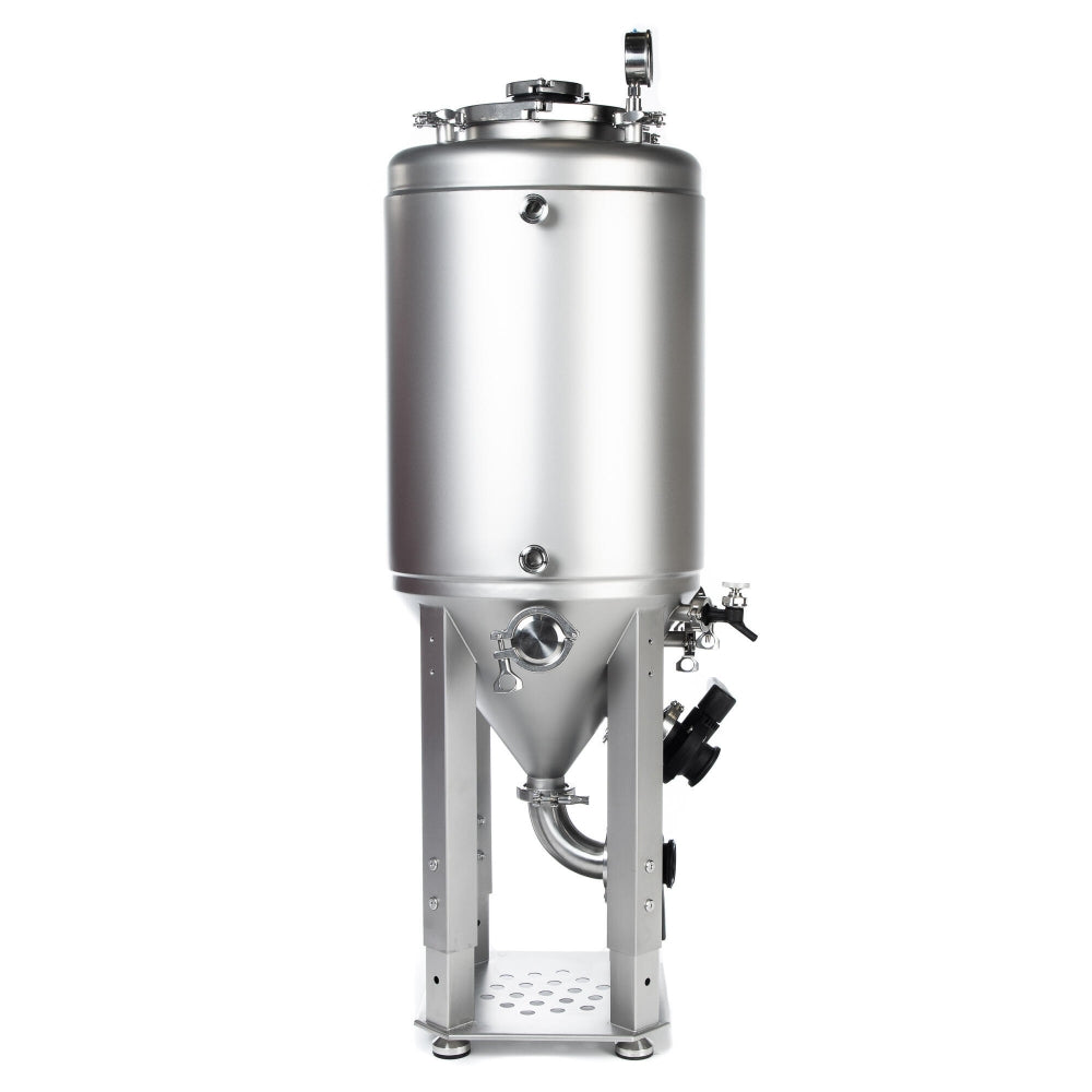 Brewtools F80 Unitank Light er en fermenter i rustfritt stål med ben, frontventil, trykkmåler og flere koblinger - ideell for hjemmebryggere som brygger eller fermenterer væsker.