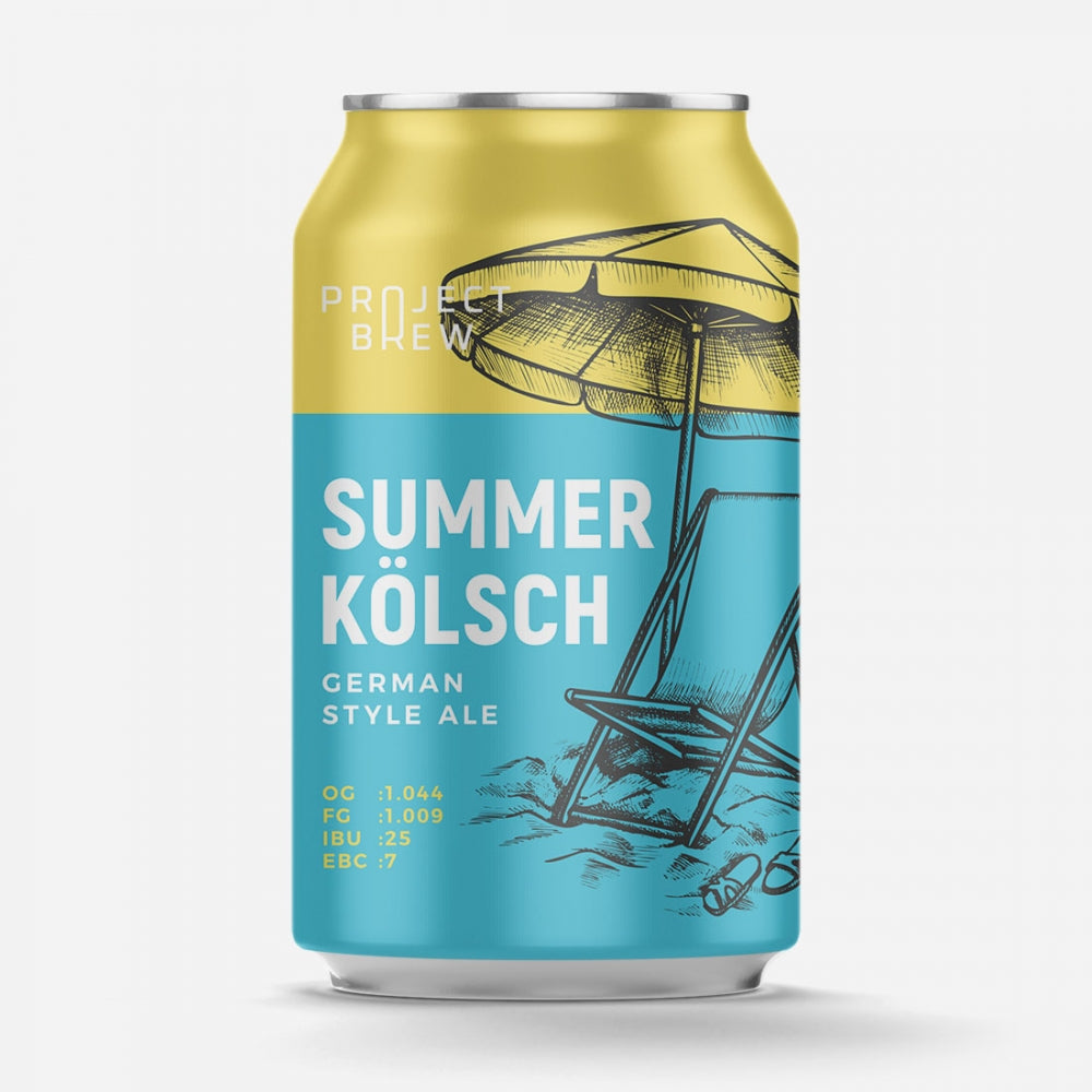 Project Brews Summer Kölsch allgrain ølsett er inspirert av deres German Style Ale-boks, som har en parasoll og en strandstol på en gul og blå etikett - perfekt for brygging av din egen forfriskende Kölsch hjemme.