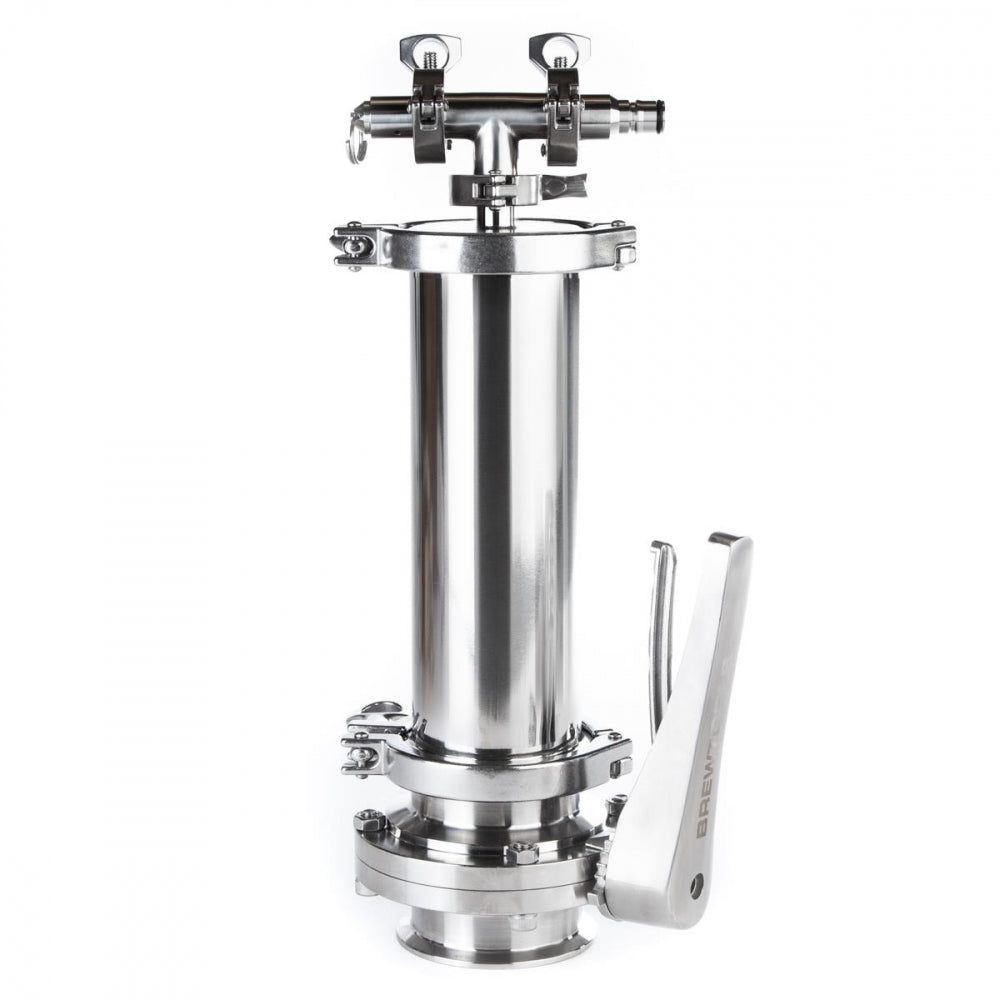 Brewtools HopDrop Kit, 3" er en trykkbeholder i rustfritt stål med klemmer, en sylindrisk kropp og et spakhåndtak; perfekt for tørrhumling og kompatibel med gjæringstanker.