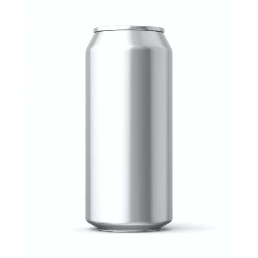 En enkel, høy aluminiumsboks i sølv - Canpack 440 ml ølboks sølv fra en 24 stk-pakning - vises uten etiketter eller merking mot en hvit bakgrunn.