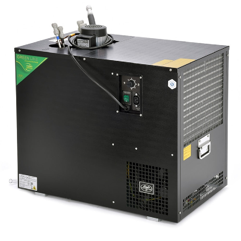 Lindr AS-200 8X Coils NEW Green Line bar kjølesystem har et kontrollpanel, ventilasjonsåpninger og kjølevæskeslangekoblinger. Lindr Green Line-merket er synlig øverst i venstre hjørne.