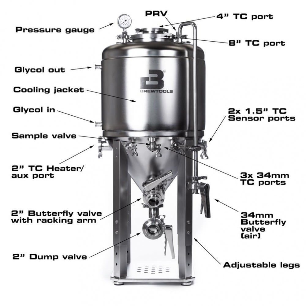 Brewtools F150 Unitank fra Brewtools er en 150 liters fermenter i rustfritt stål med merkede porter, ventiler, målere, kjølekappe, tømmeventil, prøveventil og justerbare ben.