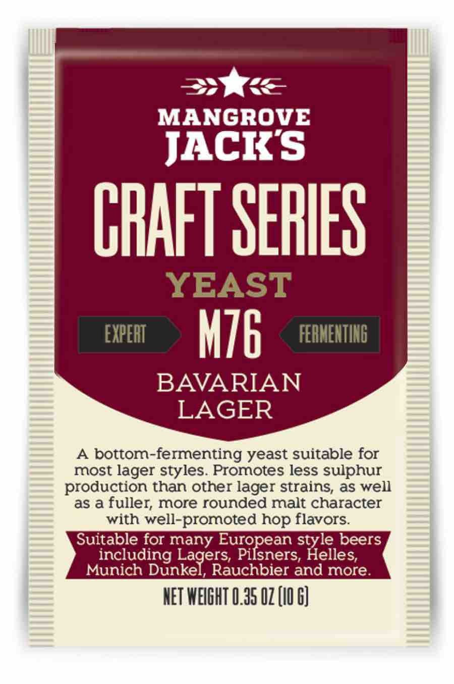 En 10 g-pakke med Mangrove Jacks Bavarian Lager M76-gjær, en undergjærende gjærstamme som er perfekt for brygging av autentiske europeiske pilsnere og favoritter, leveres med detaljert produktinformasjon.