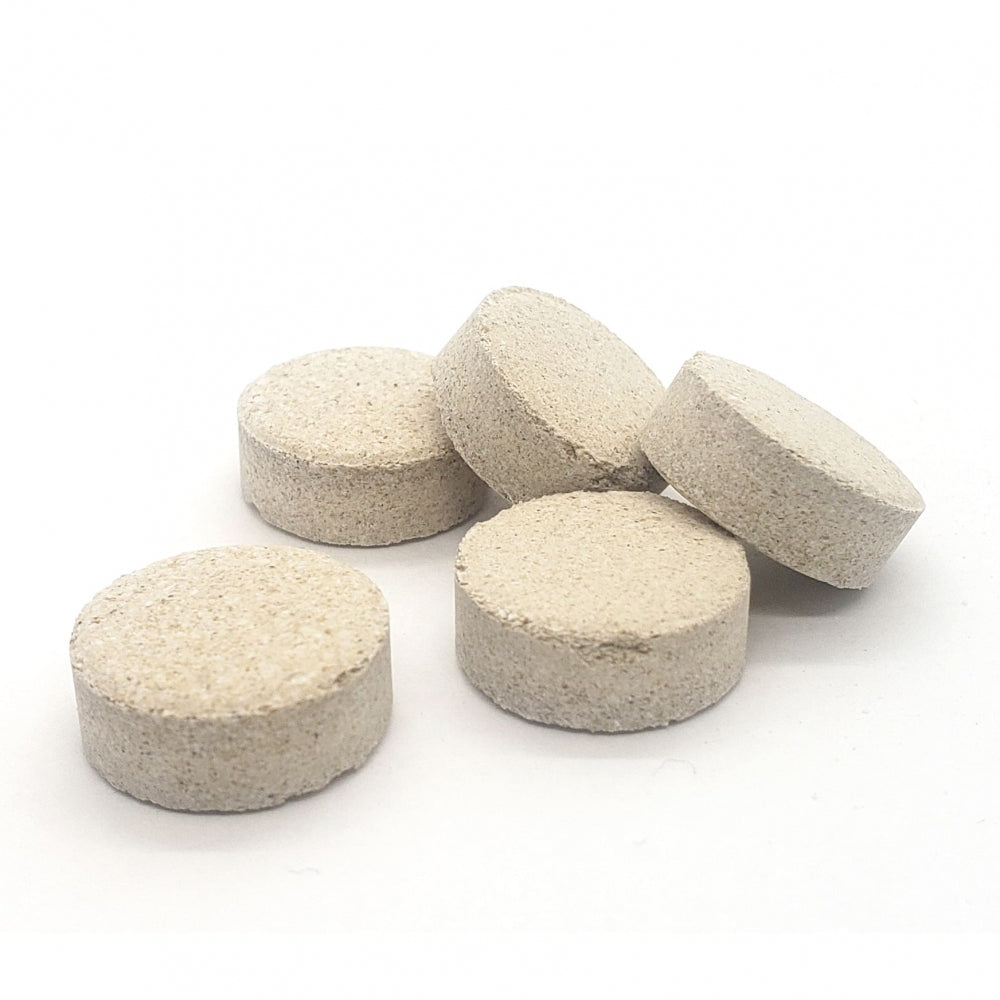 Fem runde, beige tabletter med Murphy & Son Protafloc klarningsmiddel - 20 tabletter (50 g) er anordnet på en hvit bakgrunn, typisk for ølklarning i bryggerier.