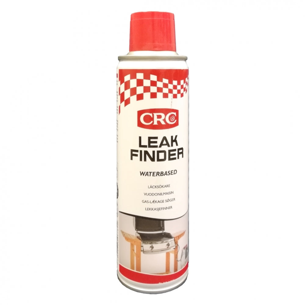 En boks med CRC Leak Finder Waterbased - Lekkasjesøker spray fra CRC, med rød hette og flerspråklig merking.