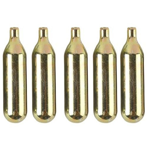 Five Liss CO2 patroner uten gjenger 8g - 10 stk, stående oppreist på rekke mot en hvit bakgrunn, kompatible med uKeg 64 growlers.