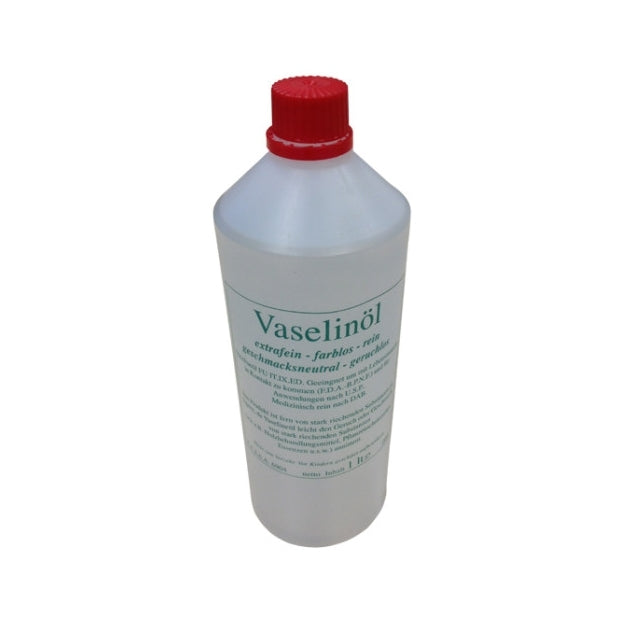En klar plastflaske med rødt lokk merket Speidel Vaselin olje 1 liter, som inneholder næringsmiddelgodkjent vaselinolje, ideell til bruk i juicebeholdere.