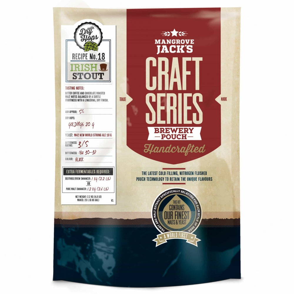 Mangrove Jacks Craft Series Irish Stout with Golding Hops (2,2 kg) ølbrygging, med maltekstrakt, bryggedetaljer og et design i rødt, beige og marineblått med merketekst.