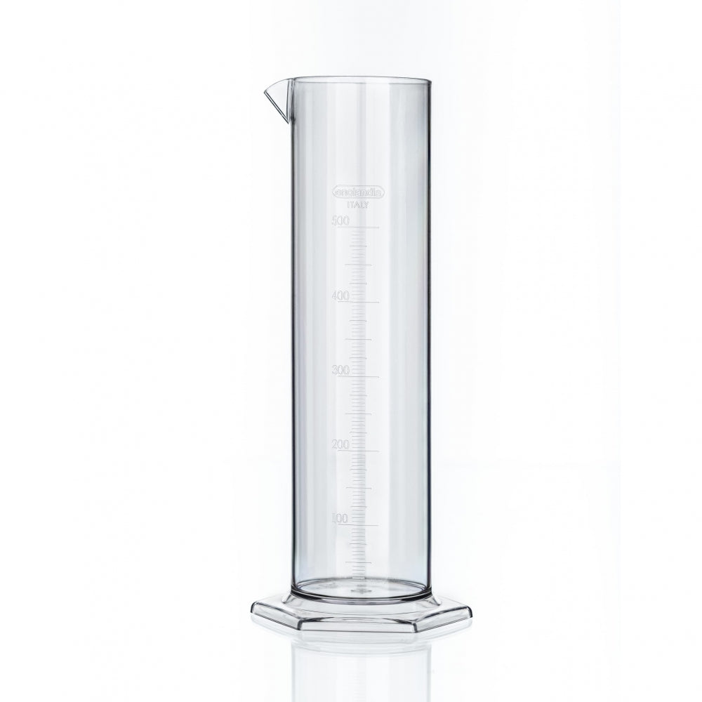 Enolandia Testrør for hydrometer 500 ml, 25 cm høyt, står oppreist på en flat sekskantet base med tydelige målemarkeringer mot en hvit bakgrunn.