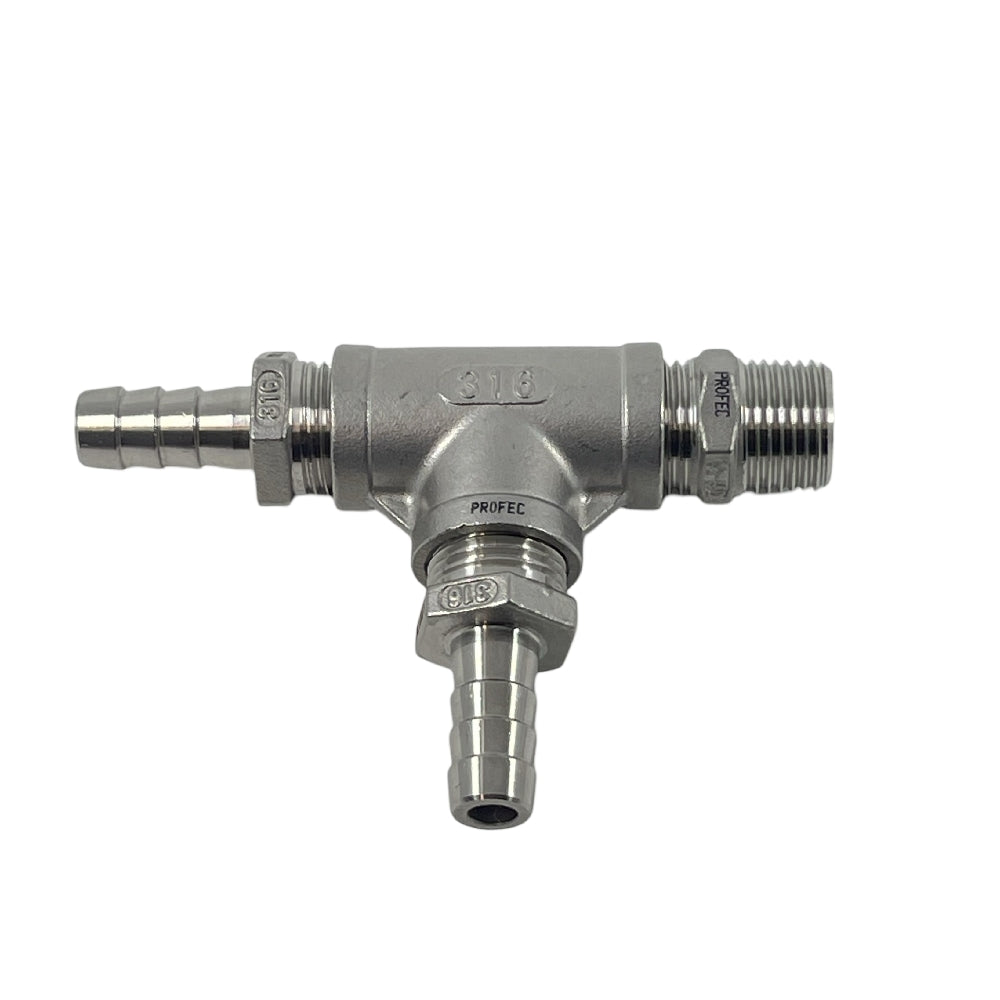 Quantor Expansion for Compact Manifold - 1/2" er en T-formet kobling i rustfritt stål 316 med tre slangestusser, ideell for sammenføyning eller deling av væskeledninger og sikrer pålitelig ekspansjon.