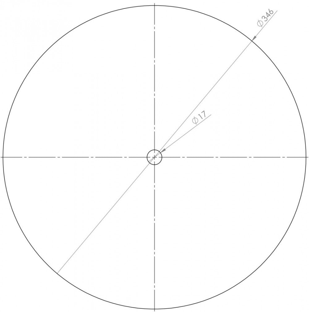 Teknisk tegning av BacBrewing Large Mesh Filter Disc for Speidel BM50 som viser en diameter på 346 enheter i 304 rustfritt stål, en mindre konsentrisk sirkel på 17 enheter, senterlinjer og dimensjonsetiketter.