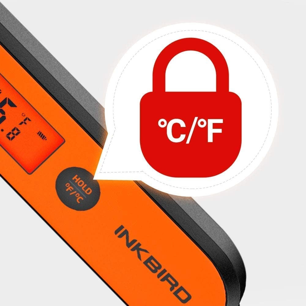 Nærbilde av et oppladbart Inkbird Digitalt Termometer IHT-1P fra Inkbird, som viser skjermdisplayet og en HOLD °F/°C-knapp, med et rødt hengelås- og temperaturikon i en snakkeboble.