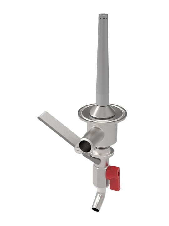 En bunsenbrenner i metall med reguleringsventil og rød gassknapp, isolert på hvitt - perfekt for nøyaktig temperaturkontroll når du bruker Grainfather GF30 Conical Fermenter Pro (konisk gjæringstank) fra Grainfather.