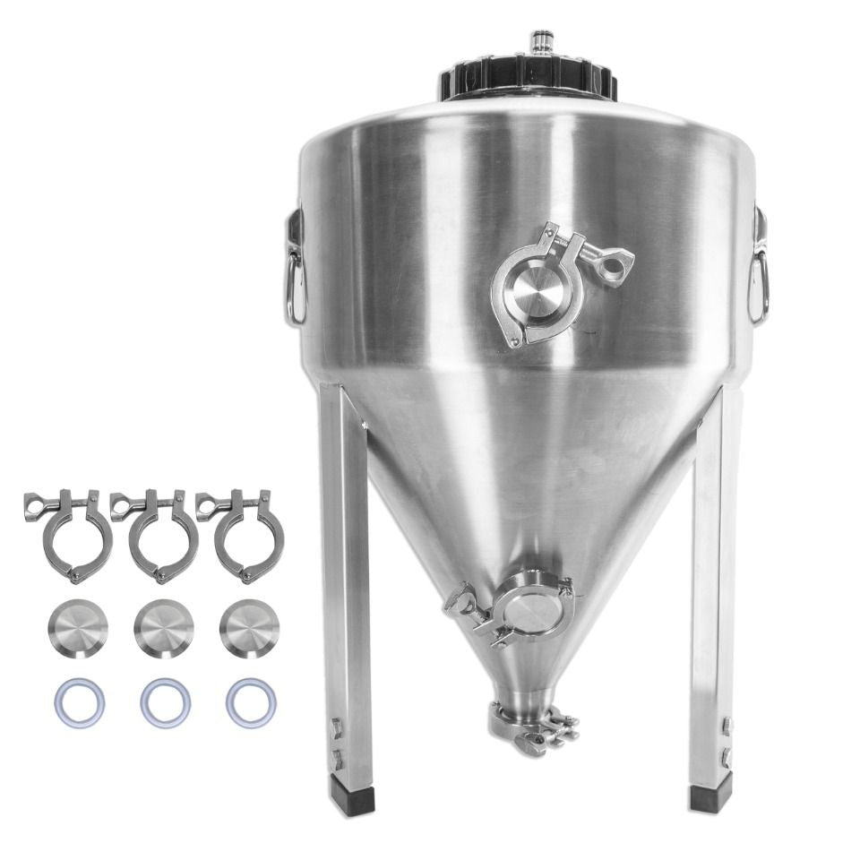 Apollo Titan 30L Unitank av rustfritt stål fra Keg King med tri-clamp koblinger, tre klemmer og tre pakninger ved siden av.